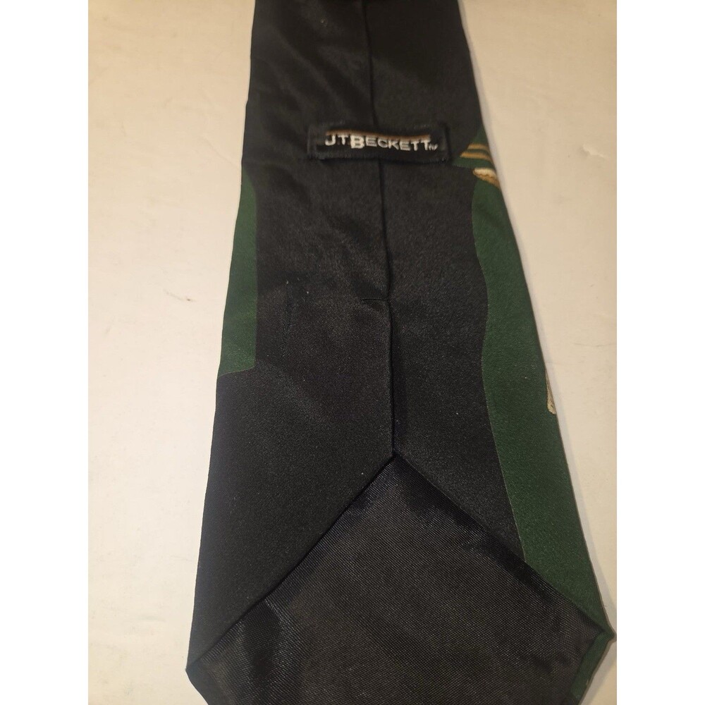 JT Beckett Men's Silk Tie Black Green Purple Tan Pictorial People Classic Length - Picture 7 of 7